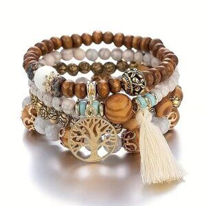 Tree of Life White and Wood Bead Boho Bracelet Set of 4